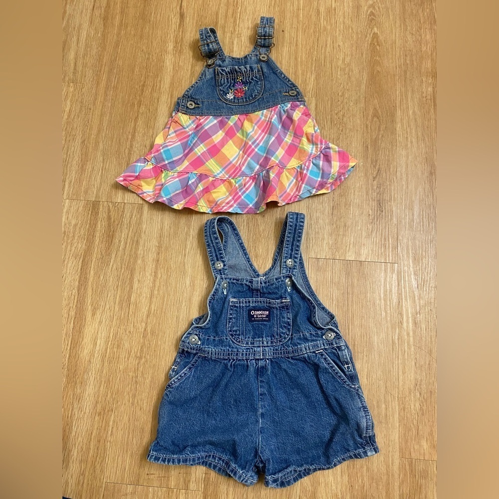 Vintage OshKosh B'gosh Blue Denim Overalls and Colorful Plaid Skirt